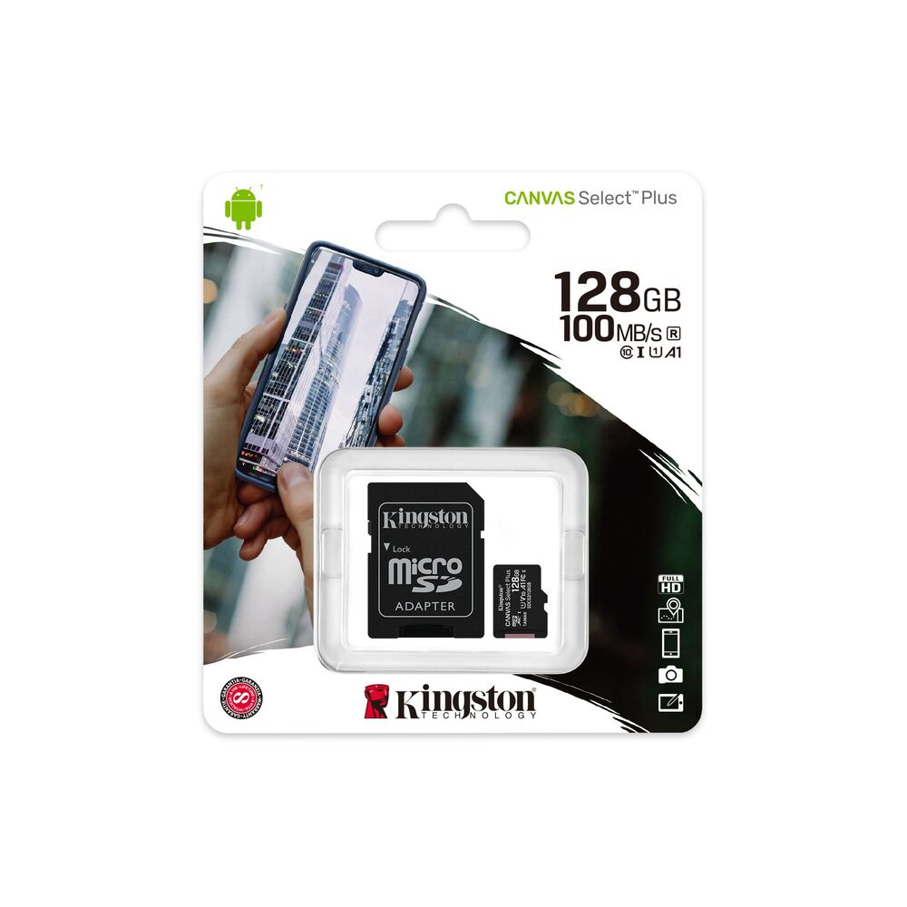 TARJETA MEMORIA MICROSD HC 128GB + ADAPTADOR KINGSTON CANVAS SELECT PLUS - CLASE 10 - 100MB/S (CanonDigital 0.24€ incluido)