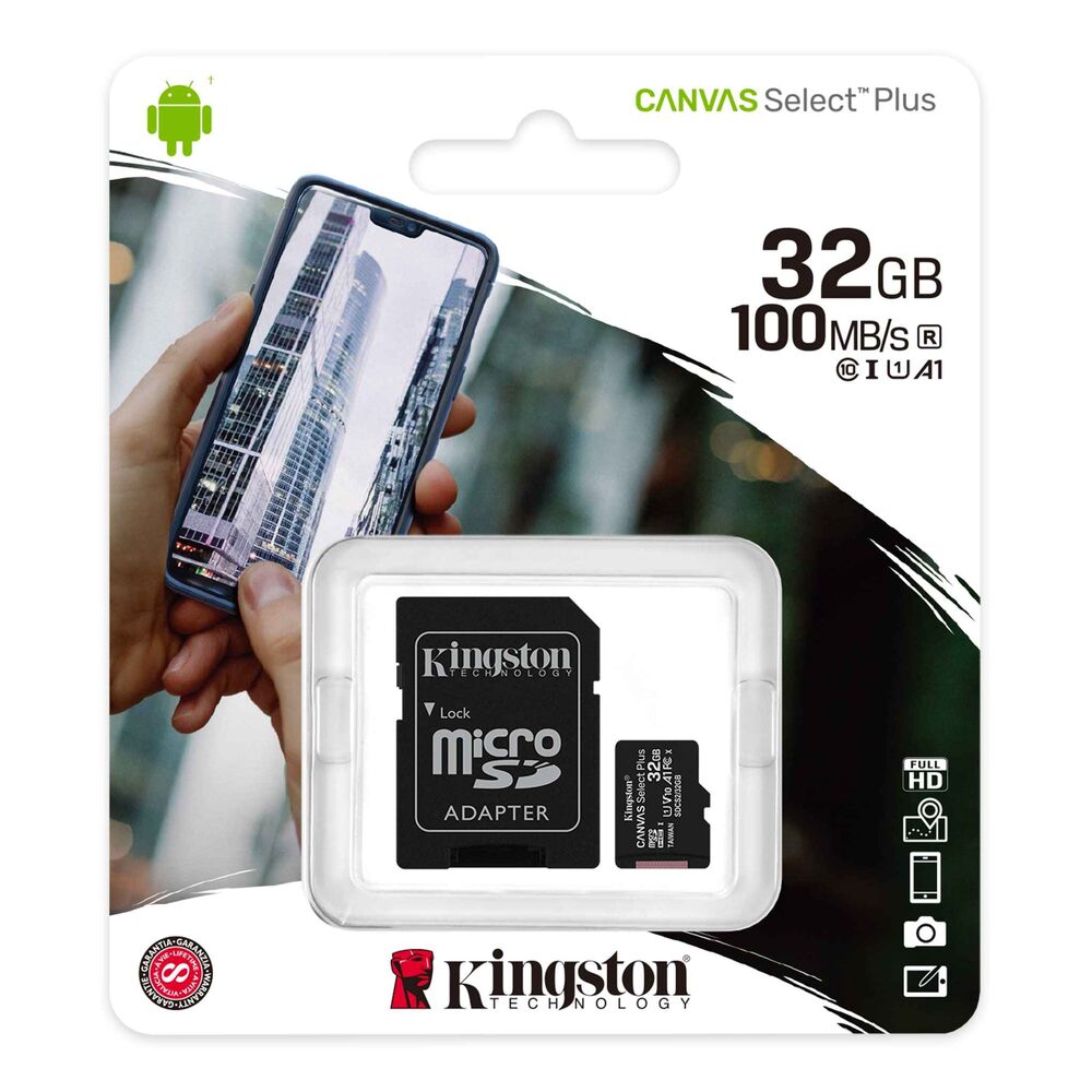 TARJETA MEMORIA MICROSD HC 32GB + ADAPTADOR KINGSTON CANVAS SELECT PLUS - CLASE 10 - 100MB/S