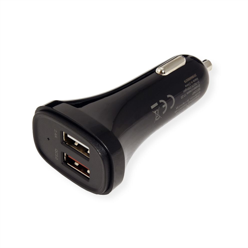 Cargador USB 2 puerto coche,  (1x QC3.0, 1x 5VDC 2.4A), 18W VALUE