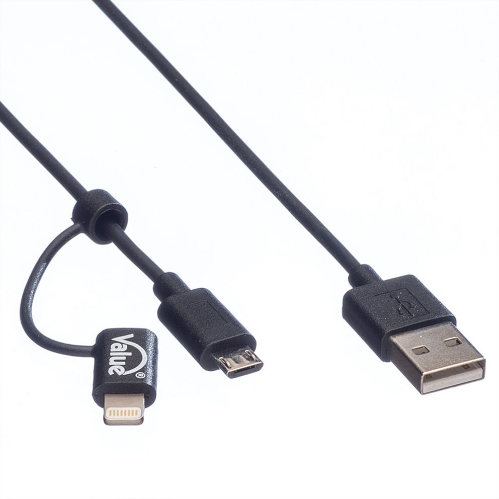 CABLE USB 2.0 1,0 M. LIGHTNING 8 PINES ( iPhone, iPad y iPod/Android) + MICRO USB, CARGADOR Y DATOS NEGRO VALUE