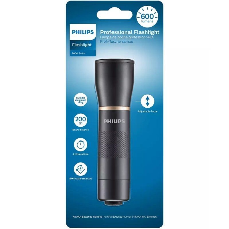 Linterna 600 Lumens , Foco ajustable 4 pilas *AAA Philips